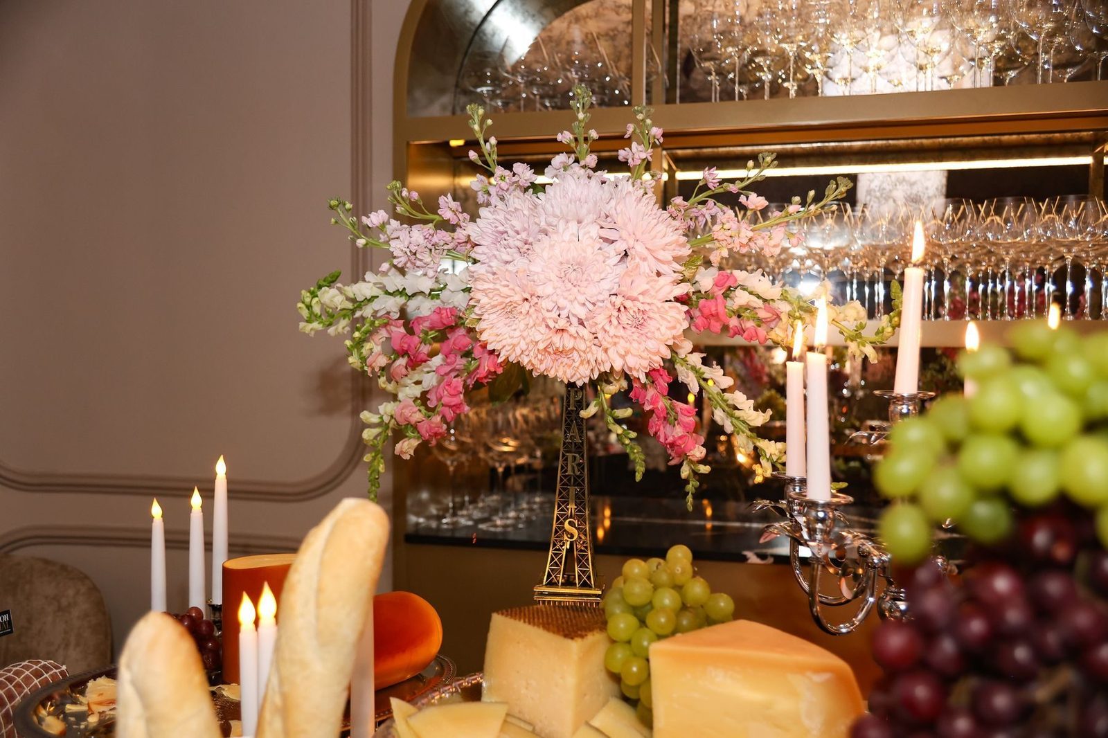 Bread, cheese and grapes with pink florals