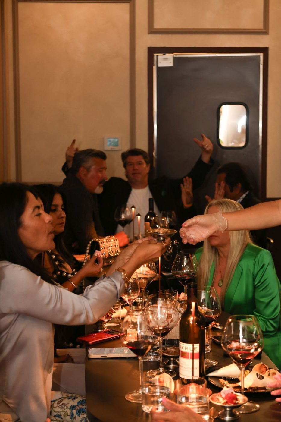 Guests toasting at a long table